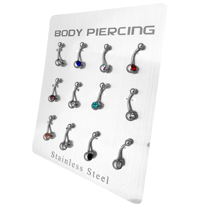 BLISTER x12 6/4MM SURTIDO OMBLIGO CURVO C/ STRASS MEDIANO PIERCING