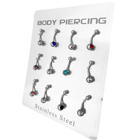 BLISTER x12 6/4MM SURTIDO OMBLIGO CURVO C/ STRASS MEDIANO PIERCING