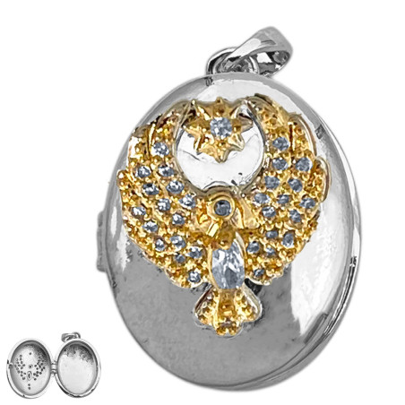 COMBINADO ACERO / DORADO RELICARIO OVALADO C/ ALAS CUBIC Y MICRO PAVE DIJE