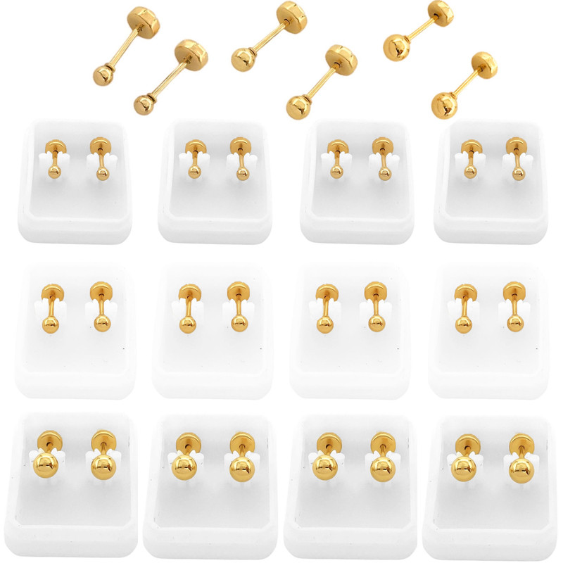 DORADO x12 PARES SURTIDOS TAMAÑO 2 / 3 Y 4MM BOLITA ACERO ABRIDOR ARO
