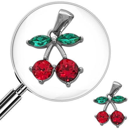 DOS CEREZAS DE CRISTAL ROJO Y DOS HOJAS DE CRISTAL VERDE DIJE