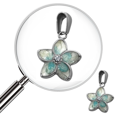 FLOR DE AZUZAR CELESTE TURQUESA CENTRO DE STRASS C/ RELIEVE DIJE